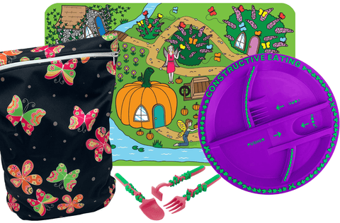 Constructive Eating Garden Fairy Plate, Utensils, Placemat with Bonus Wet Bag Set