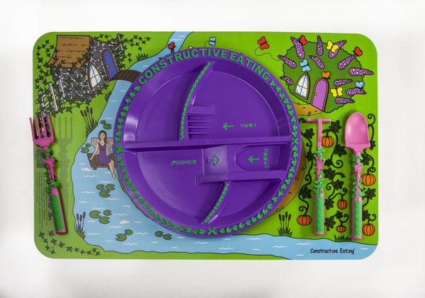 Constructive Eating Garden Fairy Plate, Utensils, Placemat with Bonus Wet Bag Set