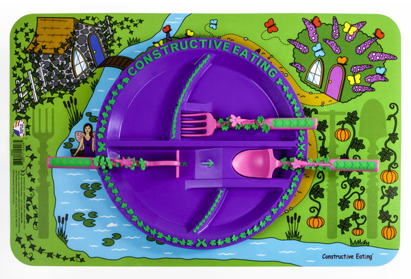 Constructive Eating Garden Fairy Plate, Utensils, Placemat with Bonus Wet Bag Set