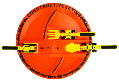 Construction cutlery set on the orange Construction Plate for kids