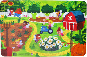 The Garden Fairy Placemat features 7 Garden Fairies working in the bright and colourful garden preparing healthy and delicious food including the broccoli trees, harvesting the carrots and tomatoes as well as watering the flowers.