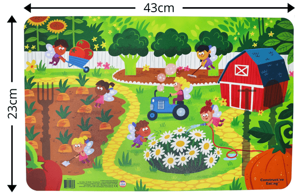 The Garden Fairy Placemat with Dimensions features shaded areas that match the Garden Fairy Utensils (sold separately) so little ones can help get ready for meals by setting their place at the table for mealtime! 