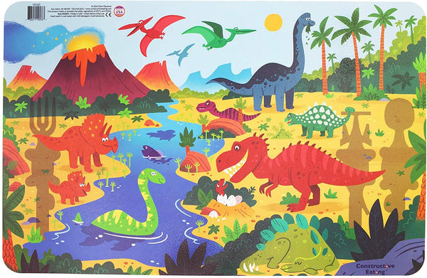 The Dinosaur Placemat shows various dinosaurs exploring and roaming prehistoric earth.