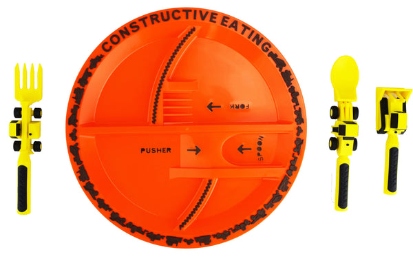 Constructive Eating Orange divided plate with yellow utensils on white background