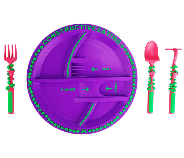 Constructive Eating dinner placement setting with purple divided plate with garden fairy utensils