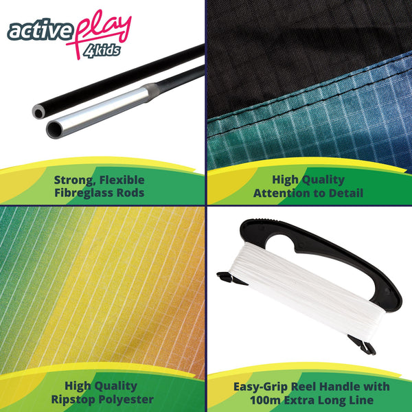 Rainbow kite has strong, flexible rods, high quality attention to detail and ripstop polyester with 100m extra long line