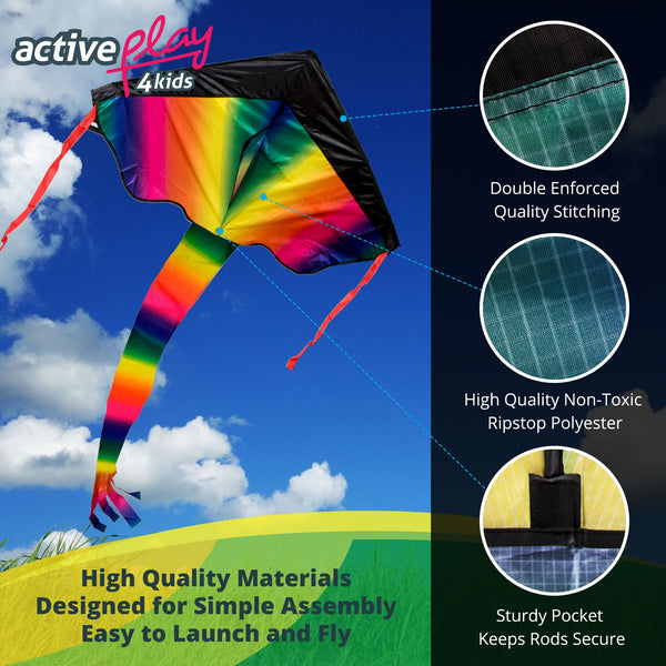Delta kite flying in the wind showing high quality materials, designed for simple assembly and easy to launch and fly.