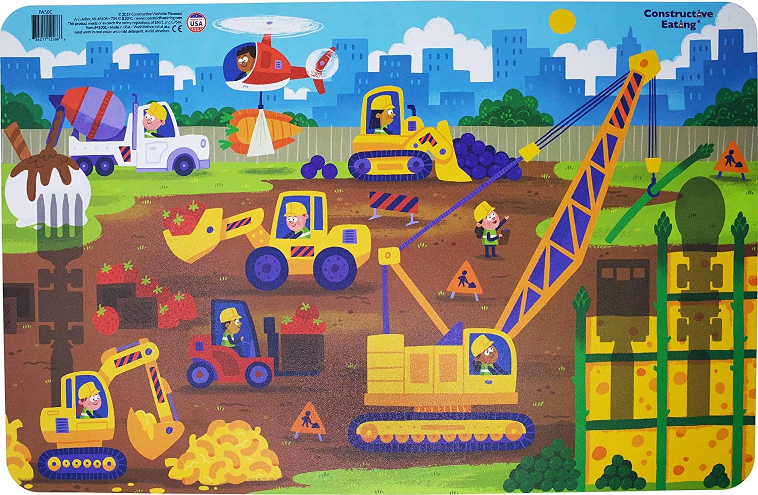 The Construction Placemat features a landscape view of a construction worksite where 8 construction workers are busy building the perfect house! Each construction "material" is a mixture of healthy and delicious foods, such as mac and cheese being picked up by an excavator, strawberries bring transported by a forklift, blueberries being moved by a bulldozer, carrots being transported by helicopters, the asparagus walls of the house, cheesy house filling, or the delicious backyard ice cream sundae!