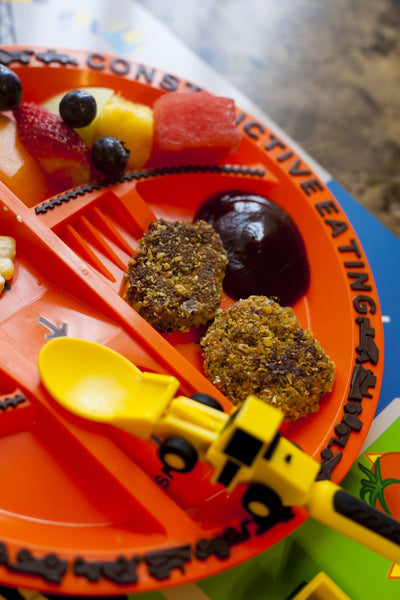 Healthy yummy food on Construction toddler divided plate for kids keeps food separate for fussy eaters