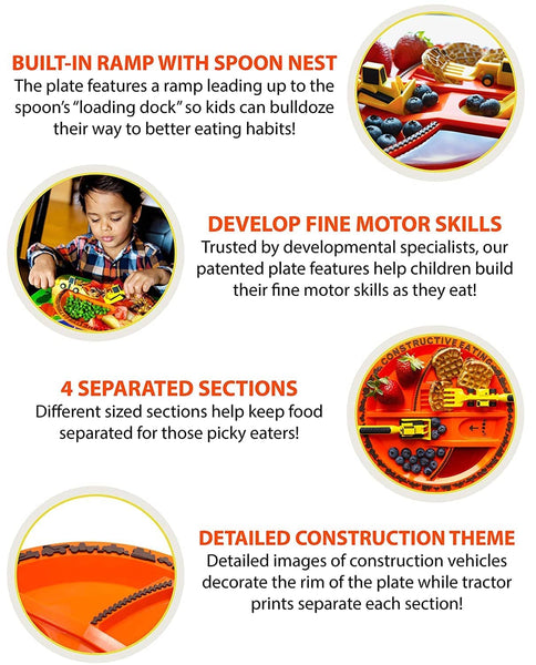 Constructive Eating Construction plate for kids have built in ramps, while the toddler cutlery set develops fine motor skills in a fun construction theme