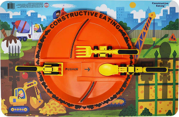 Construction cutlery set on their place on the orange Construction Plate for kids with construction worksite placemat for kids