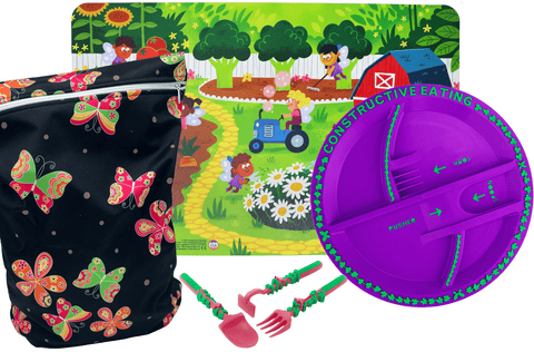 Constructive Eating Garden Fairy Set includes Garden Fairy placemat with Garden Fairy purple divided plate, Garden Fairy utensil set and Butterfly wet bag