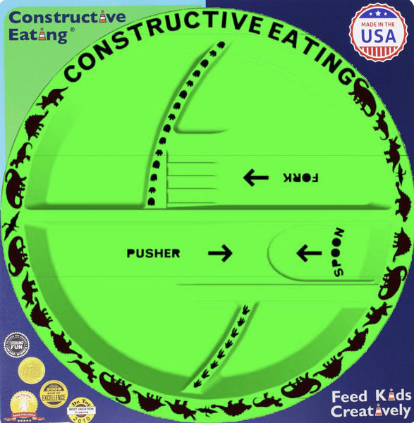 Detailed close up of Dinosaur Plate showing the pusher ramp and spoon and fork "loading" areas
