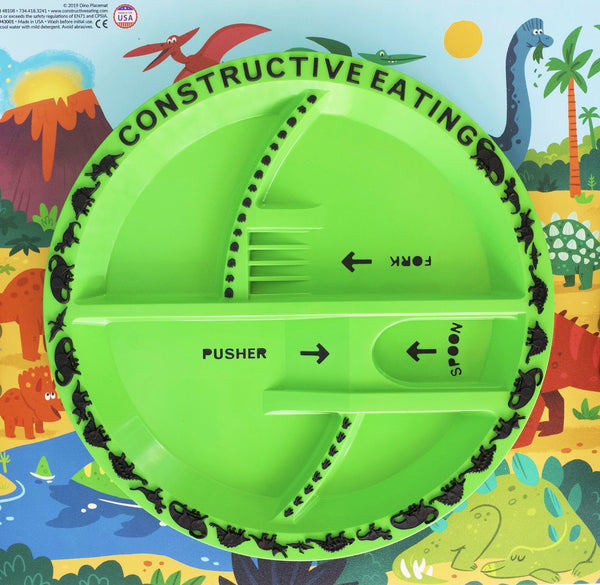Constructive Eating Green Dinosaur divided plate for kids on colourful background
