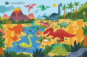 The Dinosaur Placemat features a landscape of prehistoric Earth featuring dinosaurs eating, sleeping, swimming and roaming. There are Pterodactyl's flying above an active volcano, a Brachiosaurus eating leaves from a tall tree, a Velociraptor hiding behind a large rock, an Ankylosaurus eating green shrubs, a baby T-Rex hatching in front of a mummy Tyrannosaurus Rex, a very tired Stegosaurus sleeping, an Apatosaurus swimming in the water and a daddy Triceratops playing with a baby Triceratops by the water.