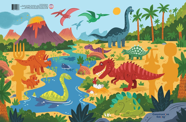 Constructive Eating placemat features a landscape view of prehistoric Earth featuring dinosaurs eating, sleeping and roaming