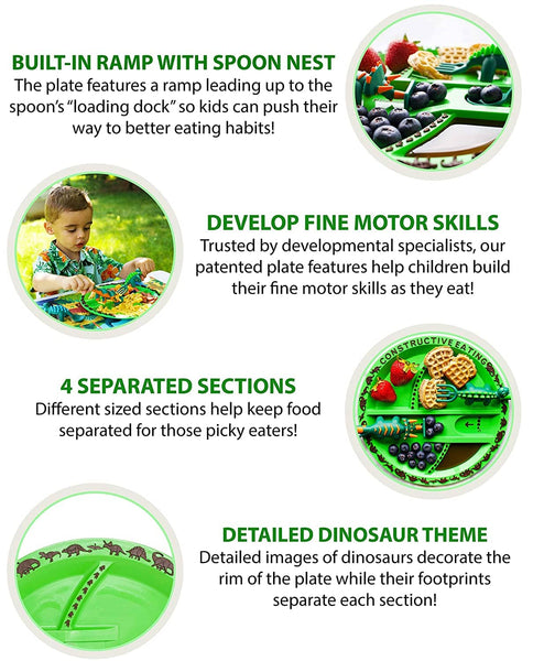 Constructive Eating Dinosaur Plate for Kids have built in ramps, 4 separated sections and develop fine motor skills in a fun detailed dinosaur theme