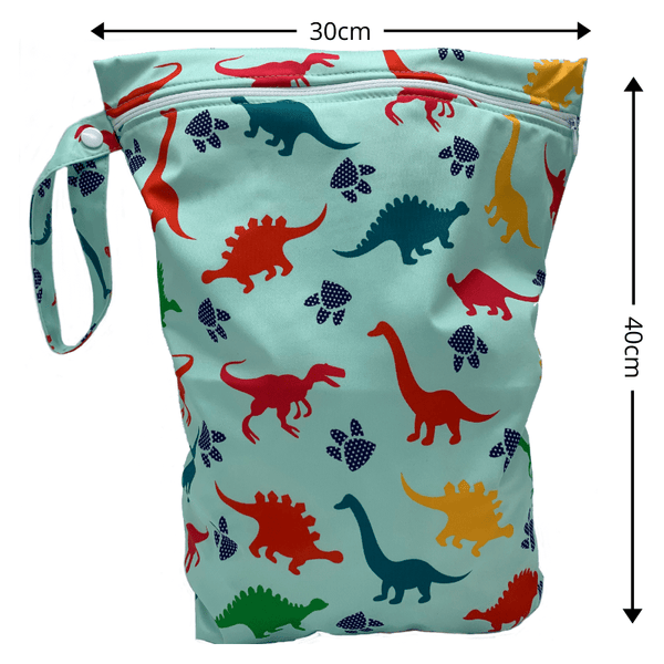 Large Dinosaur Wet-Bag with zipper and clip handle with dimensions 30cmx40cm 