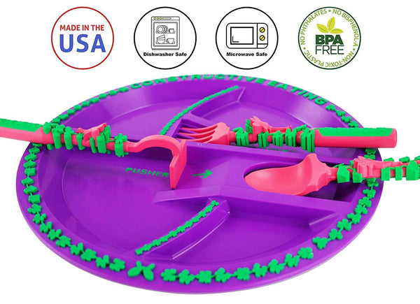 Constructive Eating Garden Fairy plate and cutlery set for kids is made in USA, Dishwasher Safe, Microwave Safe, non-toxic and BPA Free