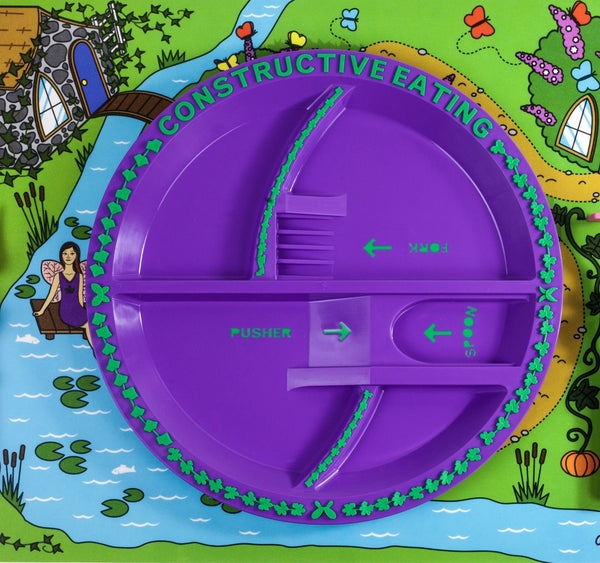 Constructive Eating Purple Garden Fairy divided plate for kids on colourful background
