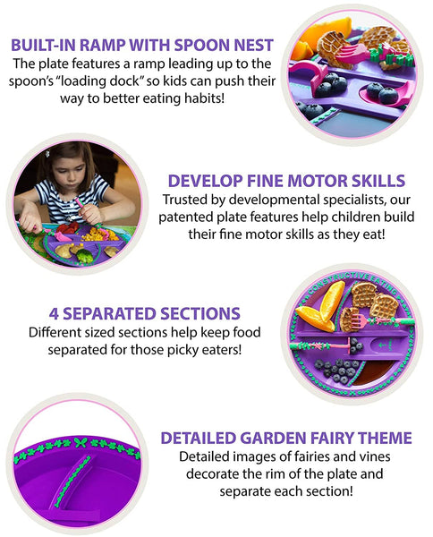 Constructive Eating Garden Fairy plate for kids have built in ramps, while the toddler cutlery set develops fine motor skills in a fun Garden Fairy theme