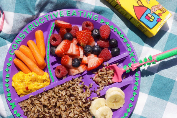 Healthy yummy food on Garden Fairy toddler divided plate for kids keeps food separate for fussy eaters