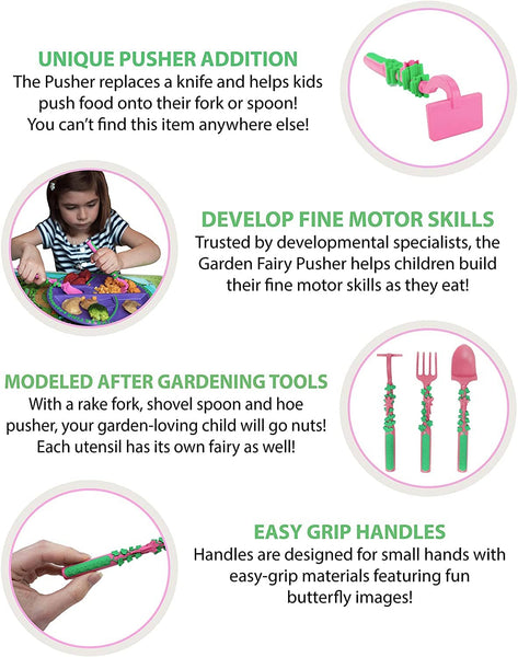 Constructive Eating Garden Fairy Utensil Set for Kids have easy grip handles, a unique pusher to push food onto the spoon and fork and develop fine motor skills in a fun detailed garden tool theme