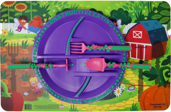 Garden Fairy cutlery set on their place on the purple Garden Fairy plate for kids with fairy garden placemat for kids