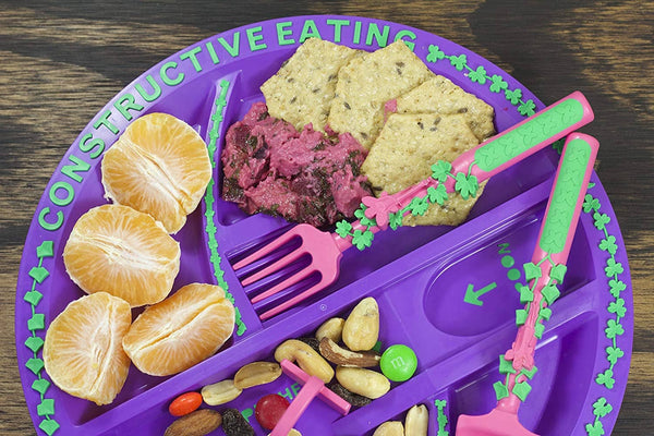 Garden Fairy Plate with pusher ramp, spoon and fork "loading" areas with healthy snacks for toddlers on divided plate