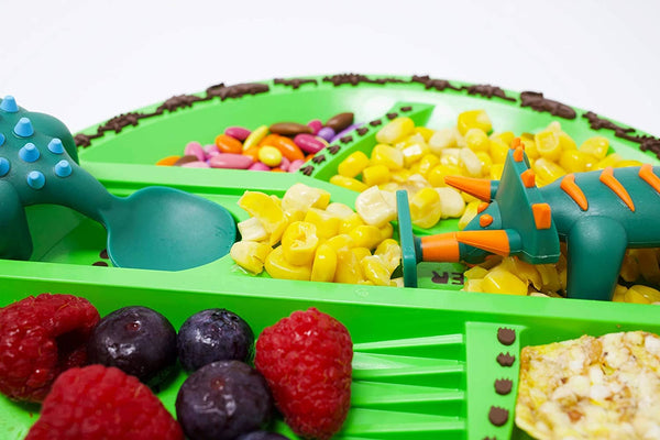 Healthy yummy food on Dinosaur toddler divided plate for kids keeps food separate for fussy eaters