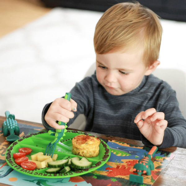 Healthy eating for kids using green dinosaur divided plate