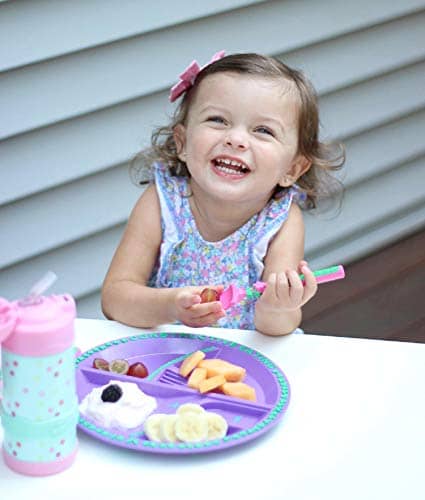 Toddlers enjoy eating from their garden fairy plates anywhere
