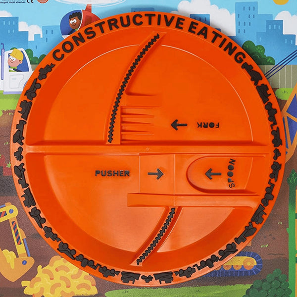 Constructive Eating Orange Construction divided plate for kids on colourful background